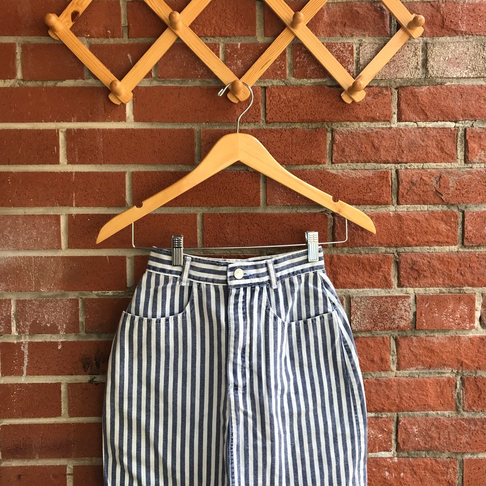 Vintage The Gap 90s Denim High Waisted Skirt White Blue Stripes Womens XS Youth